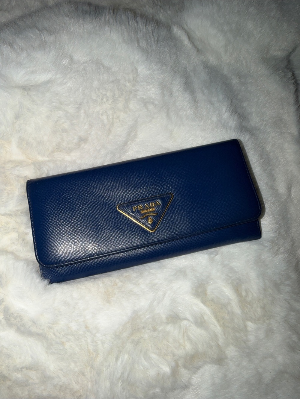Prada Navy Blue Saffiano Leather Fold Wallet with Gold Triangle Logo